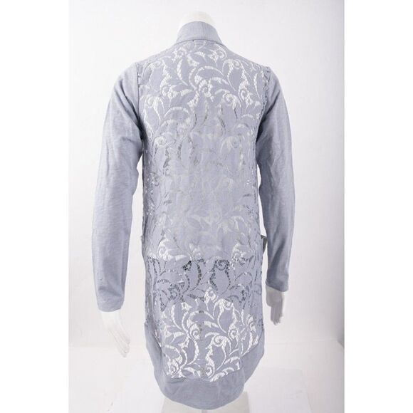 LOGO by Lori Goldstein Open Front Slub Cardigan w/ Lace Detail XXS Gray Shirt - Picture 3 of 5